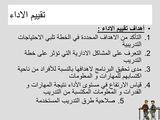 ‫ااداء‬ ‫تقييم‬
•
‫االداء‬ ‫تقييم‬ ‫أهداف‬
:
.1
‫تياجا‬ ‫اا‬ ‫تلبل‬ ‫الخطا‬ ‫فل‬ ‫ددة‬ ‫الا‬ ‫ااهداف‬ ‫ان‬ ‫التأكد‬
‫ت‬
‫التدريبيا‬
.2
‫خطا‬ ‫عل‬ ‫تؤثر‬ ‫التل‬ ‫ااداريا‬ ‫الاشاكل‬ ‫عل‬ ‫التعرف‬
‫التدريب‬
.3
‫ي‬ ‫ان‬ ‫لألفراد‬ ‫با‬ ‫بالي‬ ‫اهدافها‬ ‫البريااج‬ ‫قيق‬ ‫ت‬ ‫ادى‬
‫يا‬ ‫ا‬
‫اات‬ ‫الاعل‬ ‫للاهارات‬ ‫ابهم‬ ‫اكت‬
.4
‫الاهارات‬ ‫يتيجا‬ ‫األداء‬ ‫ى‬ ‫ت‬ ‫ا‬ ‫فل‬ ‫اارتفاع‬ ‫قياس‬
‫التدريب‬ ‫ان‬ ‫با‬ ‫الاكت‬ ‫اات‬ ‫الاعل‬ ‫القدرات‬
.5
‫تخداا‬ ‫الا‬ ‫التدريب‬ ‫طرق‬ ‫يا‬ ‫صال‬
 