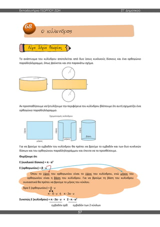 Εκπαιδευτήρια ΓΕΩΡΓΙΟΥ ΖΩΗ ΣΤ΄ Δημοτικού
57
Το ανάπτυγμα του κυλίνδρου αποτελείται από δυο ίσους κυκλικούς δίσκους και ένα ορθογώνιο
παραλληλόγραμμο, όπως φαίνεται και στο παρακάτω σχήμα.
Αν προσπαθήσουμε να ξετυλίξουμε την περιφέρεια του κυλίνδρου βλέπουμε ότι αυτή σχηματίζει ένα
ορθογώνιο παραλληλόγραμμο.
Για να βρούμε το εμβαδόν του κυλίνδρου θα πρέπει να βρούμε το εμβαδόν και των δυο κυκλικών
δίσκων και του ορθογώνιου παραλληλογράμμου και έπειτα να τα προσθέσουμε.
Θυμίζουμε ότι
Ε (κυκλικού δίσκου) = π · α2
Ε (ορθογωνίου) = β · υ
Όπου το ύψος του ορθογωνίου είναι το ύψος του κυλίνδρου, ενώ μήκος του
ορθογωνίου είναι η βάση του κυλίνδρου. Για να βρούμε τη βάση του κυλίνδρου
ουσιαστικά θα πρέπει να βρούμε το μήκος του κύκλου.
Άρα Ε (ορθογωνίου) = β · υ
π · δ · υ ή π · 2α · υ
Συνεπώς Ε (κυλίνδρου) = π · 2α · υ + 2 · π · α2
εμβαδόν ορθ. εμβαδόν των 2 κύκλων
 