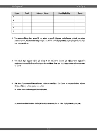 Μαθηματικά Δ΄ τεύχος
64
Σχήμα Ακμή Εμβαδόν βάσης Ολικό Εμβαδόν Όγκος
Α.
Β.
Γ.
Δ.
Ε.
2. Ένα χαρτοκιβώτιο έχει ακμή 50 εκ. Μέσα σε αυτό θέλουμε να βάλουμε κυβικά κουτιά με
μαρκαδόρους, που το καθένα έχει ακμή 5 εκ. Πόσα κουτιά μαρκαδόρων μπορούμε να βάλουμε
στο χαρτοκιβώτιο;
3. Ένα κουτί έχει σχήμα κύβου με ακμή 70 εκ. και είναι γεμάτο με σφουγγάρια σχήματος
ορθογώνιου παραλληλεπιπέδου διαστάσεων 14 εκ., 7 εκ. και 5 εκ. Πόσα σφουγγάρια περιέχει
το κουτί;
4. Ο κ. Άρης έχει μια αποθήκη σχήματος κύβου με ακμή 8 μ.. Την έχτισε με τσιμεντόλιθους μήκους
38 εκ., πλάτους 18 εκ. και ύψους 18 εκ.
α. Πόσοι τσιμεντόλιθοι χρησιμοποιήθηκαν;
β. Πόσο είναι το συνολικό κόστος των τσιμεντόλιθων, αν το κάθε τεμάχιο κοστίζει 0,5 €;
 