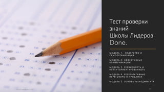 Тест проверки
знаний
Школы Лидеров
Done.
М ОДУЛ Ь 1 . Л И Д Е Р СТ В О И
СА М О О Р ГА Н И ЗА ЦИ Я
М ОДУЛ Ь 2 . Э Ф Ф Е КТ И В Н Ы Е
КО М М У Н И КА ЦИ И
М ОДУЛ Ь 3 . СЕ Р В И СН О СТ Ь И
КЛ И Е Н ТО Р И Е Н Т И Р О ВА Н Н ОТ Ь
М ОДУЛ Ь 4 . Р Е ЗУЛ ЬТАТ И В Н Ы Е
П Е Р Е ГО В О Р Ы В П Р ОД АЖ А Х
М ОДУЛ Ь 5 . О СН О В Ы М Е Н Е Д Ж М Е Н ТА
©ОЛЕГ АФАНАСЬЕВ, 2021 111
 