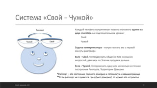 Система «Свой – Чужой»
Каждый человек воспринимает нового знакомого одним из
двух способов на подсознательном уровне:
Свой
Чужой
Задача коммуникатора – почувствовать это с первой
минуты разговора
Если – Свой, то продолжать общение без излишних
хитростей, двигаясь по Этапам продажи дальше.
Если – Чужой, то применить одну или несколько из техник
построения Раппорта, Территории Доверия
©ОЛЕГ АФАНАСЬЕВ, 2021
*Раппорт – это состояние полного доверия и готовности к взаимопомощи
**Если раппорт не случается сразу (нет доверия), то нужно его «строить»
17
 