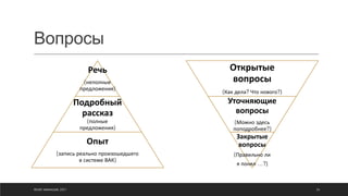 Вопросы
©ОЛЕГ АФАНАСЬЕВ, 2021
Речь
(неполные
предложения)
Подробный
рассказ
(полные
предложения)
Опыт
(запись реально произошедшего
в системе ВАК)
Открытые
вопросы
(Как дела? Что нового?)
Уточняющие
вопросы
(Можно здесь
поподробнее?)
Закрытые
вопросы
(Правильно ли
я понял …?)
26
 