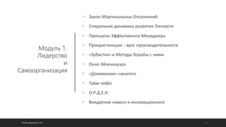 Модуль 1.
Лидерство
и
Самоорганизация
• Закон Маргинальных Отклонений
• Спиральная динамика развития Личности
• Принципы Эффективного Менеджера
• Прокрастинация – враг производительности
• «Зубастки» и Методы борьбы с ними
• Окно Эйзенхауэра
• «Дожимание» начатого
• Тайм-тейбл
• О.Р.Д.Е.Н.
• Внедрение нового и инновационного
©ОЛЕГ АФАНАСЬЕВ, 2021 3
 