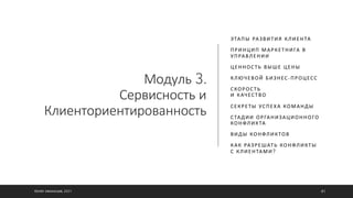 Модуль 3.
Сервисность и
Клиенториентированность
ЭТАПЫ РАЗВИТИЯ КЛИЕНТА
ПРИНЦИП МАРКЕТНИГА В
УПРАВЛЕНИИ
ЦЕННОСТЬ ВЫШЕ ЦЕНЫ
КЛЮЧЕВОЙ БИЗНЕС-ПРОЦЕСС
СКОРОСТЬ
И КАЧЕСТВО
СЕКРЕТЫ УСПЕХА КОМАНДЫ
СТАДИИ ОРГАНИЗАЦИОННОГО
КОНФЛИКТА
ВИДЫ КОНФЛИКТОВ
КАК РАЗРЕШАТЬ КОНФЛИКТЫ
С КЛИЕНТАМИ?
©ОЛЕГ АФАНАСЬЕВ, 2021 41
 