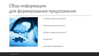 Сбор информации
для формирования предложения
Что сейчас особенно актуально?
Какие вопросы нужно решить?
Условия, которые нужно учесть?
Конкретика?
Срок подачи предложения?
©ОЛЕГ АФАНАСЬЕВ, 2021
 