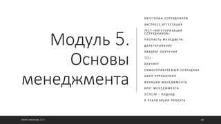 Модуль 5.
Основы
менеджмента
КАТ Е ГО Р И И СОТ Р УД Н И КО В
Э КСП Р ЕСС - АТ Т ЕС ТА ЦИ Я
Т ЕСТ « КАТ Е ГО Р И ЗА ЦИ Я
СОТ Р УД Н И КО В »
П Р О П АСТ Ь М Е Н Е Д Ж Е РА
Д ЕЛ Е Г И Р О ВА Н И Е
КВА Д РАТ О БУЧ Е Н И Я
TOJ
КОУЧ И Н Г
СА М ОУ П РА В Л Я Е М Ы Й СОТ Р УД Н И К
ЦИ КЛ У П РА В Л Е Н И Я
ФУ Н КЦИ И М Е Н Е Д Ж М Е Н ТА
КР У Г М Е Н Е Д Ж М Е Н ТА
S C R U M – П ОД ХОД
К Р Е А Л И ЗА ЦИ И П Р О Е КТА
©ОЛЕГ АФАНАСЬЕВ, 2021 68
 
