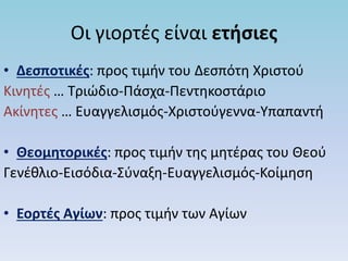 Οι γιορτές είναι ετήσιες
• Δεσποτικές: προς τιμήν του Δεσπότη Χριστού
Κινητές … Τριώδιο-Πάσχα-Πεντηκοστάριο
Ακίνητες … Ευαγγελισμός-Χριστούγεννα-Υπαπαντή
• Θεομητορικές: προς τιμήν της μητέρας του Θεού
Γενέθλιο-Εισόδια-Σύναξη-Ευαγγελισμός-Κοίμηση
• Εορτές Αγίων: προς τιμήν των Αγίων
 