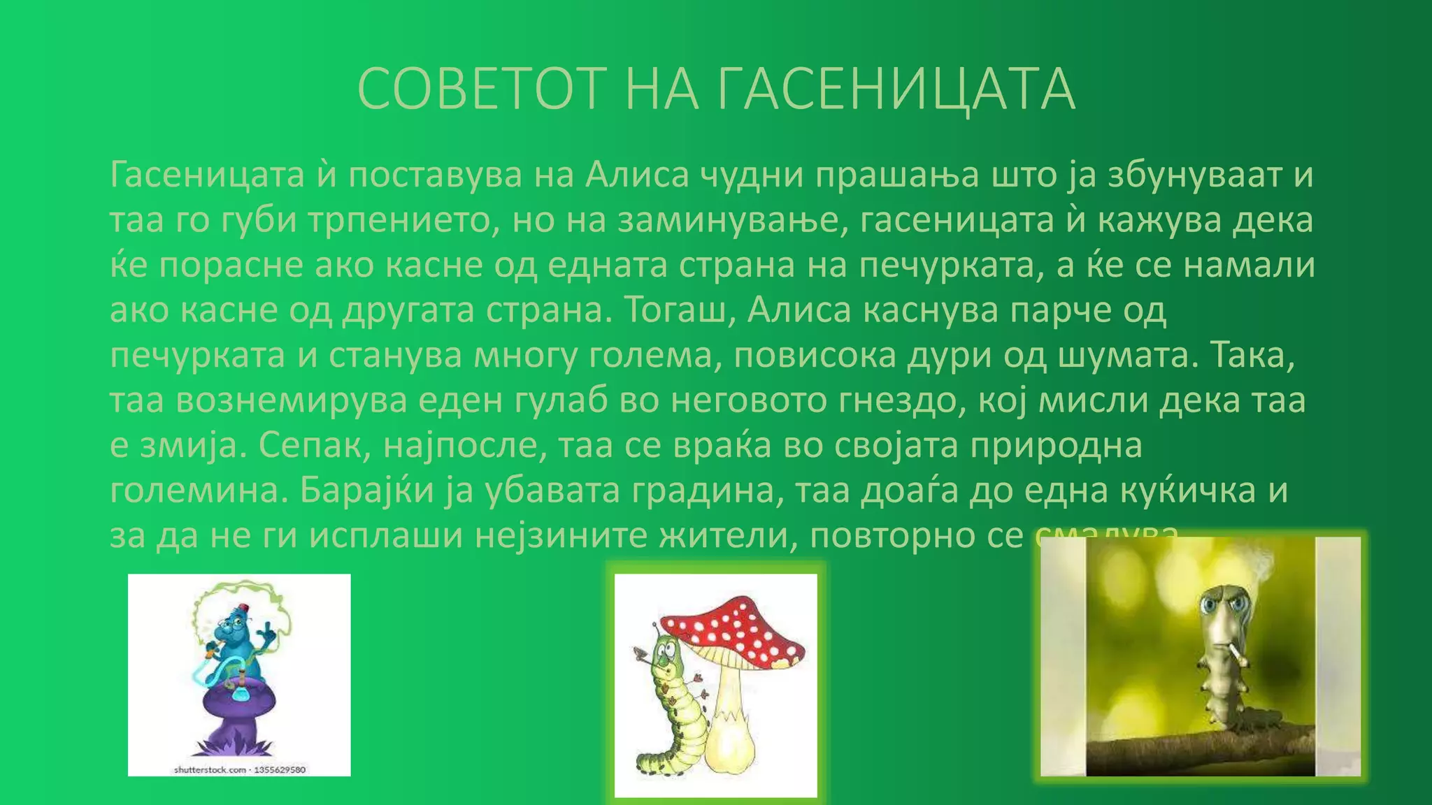 СОВЕТОТ НА ГАСЕНИЦАТА
Гасеницата ѝ поставува на Алиса чудни прашања што ја збунуваат и
таа го губи трпението, но на заминување, гасеницата ѝ кажува дека
ќе порасне ако касне од едната страна на печурката, а ќе се намали
ако касне од другата страна. Тогаш, Алиса каснува парче од
печурката и станува многу голема, повисока дури од шумата. Така,
таа вознемирува еден гулаб во неговото гнездо, кој мисли дека таа
е змија. Сепак, најпосле, таа се враќа во својата природна
големина. Барајќи ја убавата градина, таа доаѓа до една куќичка и
за да не ги исплаши нејзините жители, повторно се смалува.
 