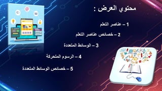 ‫محتوي‬
‫العرض‬
:
1
–
‫التعلم‬ ‫عناصر‬
2
–
‫التعلم‬ ‫عناصر‬ ‫خصائص‬
3
–
‫المتعددة‬ ‫الوسائط‬
5
–
‫المتعد‬ ‫الوسائط‬ ‫خصائص‬
‫دة‬
4
–
‫المتحركة‬ ‫الرسوم‬
 