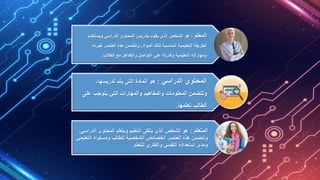 ‫المعلم‬
:
‫ويستخدم‬ ‫الدراسي‬ ‫المحتوى‬ ‫بتدريس‬ ‫يقوم‬ ‫الذي‬ ‫الشخص‬ ‫هو‬
‫المواد‬ ‫لتلك‬ ‫المناسبة‬ ‫التعليمية‬ ‫الطريقة‬
.
‫خبرت‬ ‫العنصر‬ ‫هذه‬ ‫وتتضمن‬
‫ه‬
‫الطالب‬ ‫مع‬ ‫والتفاعل‬ ‫التواصل‬ ‫على‬ ‫وقدرته‬ ‫التعليمية‬ ‫ومهاراته‬
.
‫الدراسي‬ ‫المحتوي‬
:
،‫تدريسها‬ ‫يتم‬ ‫التي‬ ‫المادة‬ ‫هو‬
‫عل‬ ‫يتوجب‬ ‫التي‬ ‫والمهارات‬ ‫والمفاهيم‬ ‫المعلومات‬ ‫وتتضمن‬
‫ى‬
‫تعلمها‬ ‫الطالب‬
.
‫المتعلم‬
:
‫ا‬ ‫المحتوى‬ ‫ويتعلم‬ ‫التعليم‬ ‫يتلقى‬ ‫الذي‬ ‫الشخص‬ ‫هو‬
‫لدراسي‬
.
‫ال‬ ‫ومستواه‬ ‫للطالب‬ ‫الشخصية‬ ‫الخصائص‬ ‫العنصر‬ ‫هذه‬ ‫وتتضمن‬
‫تعليمي‬
‫للتعلم‬ ‫والفكري‬ ‫النفسي‬ ‫استعداده‬ ‫ومدى‬
.
 