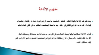 
‫وتع‬ ‫وثقافية‬ ‫إخبارية‬ ‫لمواد‬ ‫الراديو‬ ‫بواسطة‬ ‫والمقصود‬ ‫المنظم‬ ‫االنتشار‬ ‫بأنها‬ ‫اإلذاعة‬ ‫تعريف‬ ‫يمكن‬
‫و‬ ‫ليمية‬
‫أنح‬ ‫شتى‬ ‫في‬ ‫المنتشرين‬ ‫المستمعين‬ ‫بواسطة‬ ‫واحد‬ ‫وقت‬ ‫فى‬ ‫لتلتقى‬ ‫البرامج‬ ‫من‬ ‫وغيرها‬ ‫تجارية‬
‫العالم‬ ‫اء‬
.

‫ال‬ ‫محطات‬ ‫تقوم‬ ‫بحيث‬ ‫الراديو‬ ‫موجات‬ ‫عبر‬ ‫تتم‬ ‫صوتى‬ ‫اتصال‬ ‫وسيلة‬ ‫بأنها‬ ‫اصطالحيا‬ ‫اإلذاعة‬ ‫تعرف‬
‫بث‬
‫الرا‬ ‫أجهزة‬ ‫المجهزين‬ ‫المستمعين‬ ‫الى‬ ‫البرامج‬ ‫من‬ ‫مختلفة‬ ‫وأنواع‬ ‫والموسيقى‬ ‫األخبار‬ ‫بنقل‬ ‫الفردية‬
‫التي‬ ‫ديو‬
‫البث‬ ‫باستقبال‬ ‫تقوم‬
.
 