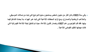 
‫سنة‬ ‫وفي‬
1923
‫الموس‬ ‫صاالت‬ ‫من‬ ‫تبث‬ ‫التي‬ ‫للبرامج‬ ‫ا‬‫سنوي‬ ‫يستمعون‬ ‫شخص‬ ‫مليون‬ ‫من‬ ‫أكثر‬ ‫كان‬ ‫م‬
،‫يقى‬
‫التداخل‬ ‫يحدث‬ ‫بدأ‬ ،‫الهواء‬ ‫عبر‬ ‫ثبت‬ ‫التي‬ ‫اإلذاعية‬ ‫المحطات‬ ‫تزايد‬ ‫ومع‬ ،‫والمسارح‬ ‫الرياضية‬ ‫والمالعب‬
‫فيما‬
‫عام‬ ‫الكونجرس‬ ‫قام‬ ‫فقد‬ ،‫بينها‬
1927
‫الت‬ ‫الفيدرالية‬ ‫اإلذاعة‬ ‫لجنة‬ ‫تشكيل‬ ‫تم‬ ‫حيث‬ ،‫اإلذاعة‬ ‫قانون‬ ‫بإصدار‬ ‫م‬
‫ي‬
‫تنظيم‬ ‫مهمتها‬ ‫كانت‬
‫الفوضى‬
‫اإلذاعية‬
.
 