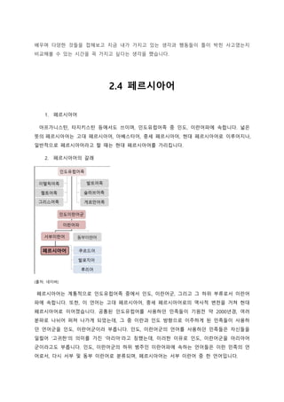 배우며 다양한 것들을 접해보고 지금 내가 가지고 있는 생각과 행동들이 틀이 박힌 사고였는지
비교해볼 수 있는 시간을 꼭 가지고 싶다는 생각을 했습니다.
2.4 페르시아어
1. 페르시아어
아프가니스탄, 타지키스탄 등에서도 쓰이며, 인도유럽어족 중 인도, 이란어파에 속합니다. 넓은
뜻의 페르시아어는 고대 페르시아어, 아베스타어, 중세 페르시아어, 현대 페르시아어로 이루어지나,
일반적으로 페르시아어라고 할 때는 현대 페르시아어를 가리킵니다.
2. 페르시아어의 갈래
(출처: 네이버)
페르시아어는 계통적으로 인도유럽어족 중에서 인도, 이란어군, 그리고 그 하위 부류로서 이란어
파에 속합니다. 또한, 이 언어는 고대 페르시아어, 중세 페르시아어로의 역사적 변천을 거쳐 현대
페르시아어로 이어졌습니다. 공통된 인도유럽어를 사용하던 민족들이 기원전 약 2000년경, 여러
분파로 나뉘어 퍼져 나가게 되었는데, 그 중 이란과 인도 방향으로 이주하게 된 민족들이 사용하
던 언어군을 인도, 이란어군이라 부릅니다. 인도, 이란어군의 언어를 사용하던 민족들은 자신들을
일컬어 ‘고귀한’의 의미를 가진 ‘아리아’라고 칭했는데, 이러한 이유로 인도, 이란어군을 아리아어
군이라고도 부릅니다. 인도, 이란어군의 하위 범주인 이란어파에 속하는 언어들은 이란 민족의 언
어로서, 다시 서부 및 동부 이란어로 분류되며, 페르시아어는 서부 이란어 중 한 언어입니다.
 