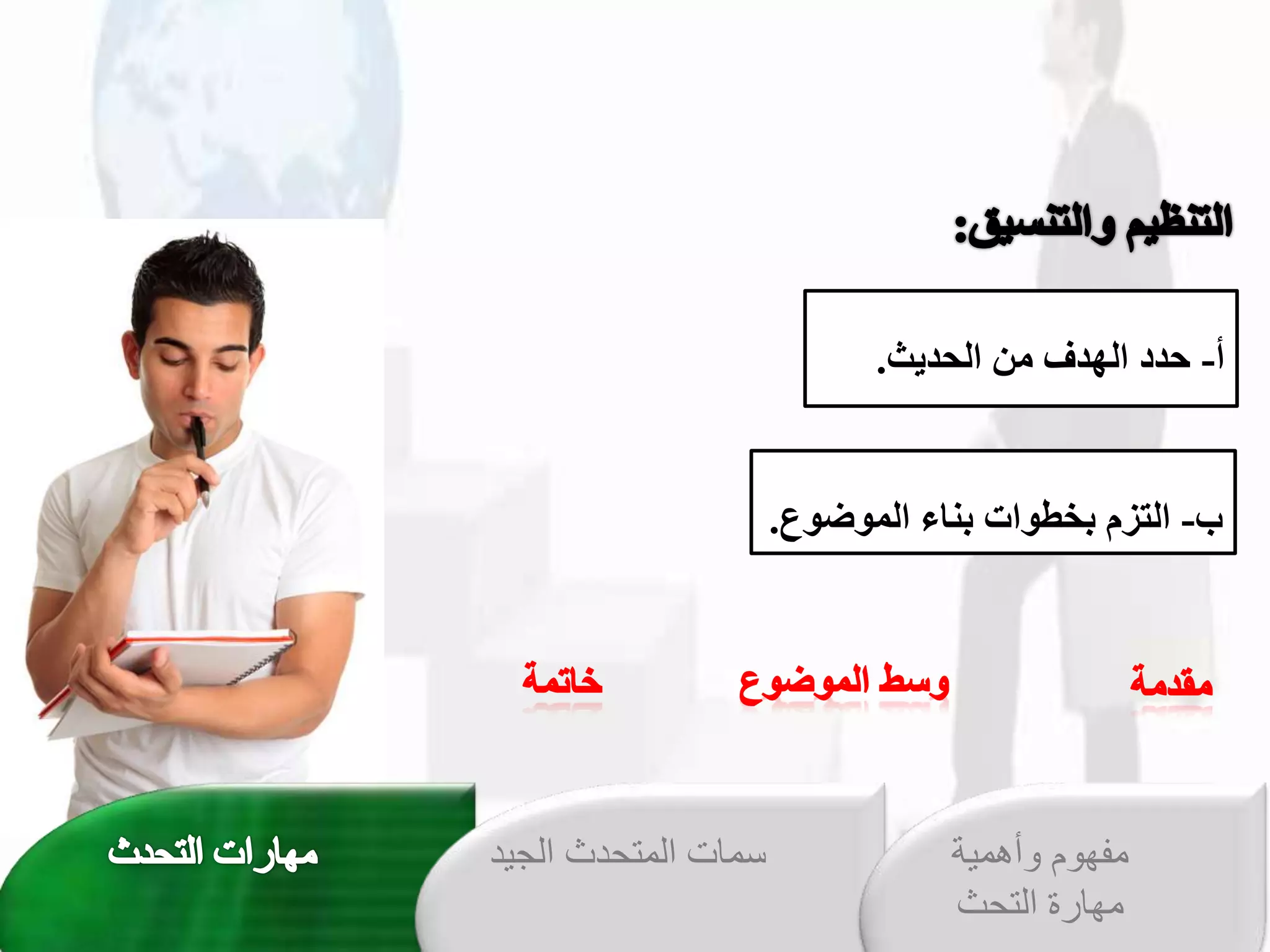 ‫أ‬
-
‫نخقلحشدث‬ ‫شدخقلهشفخ‬
.
‫ب‬
-
‫قلعزمخبيطوقتخبنمءخقللوضوع‬
.
‫الجي‬ ‫المتحدث‬ ‫سمات‬
‫د‬ ‫وأهمية‬ ‫مفهوم‬
‫التحث‬ ‫مهارة‬
 