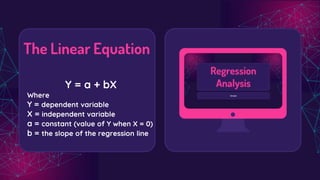 The Linear Equation
Y = a + bX
Where
Y = dependent variable
X = independent variable
a = constant (value of Y when X = 0)
b = the slope of the regression line
 