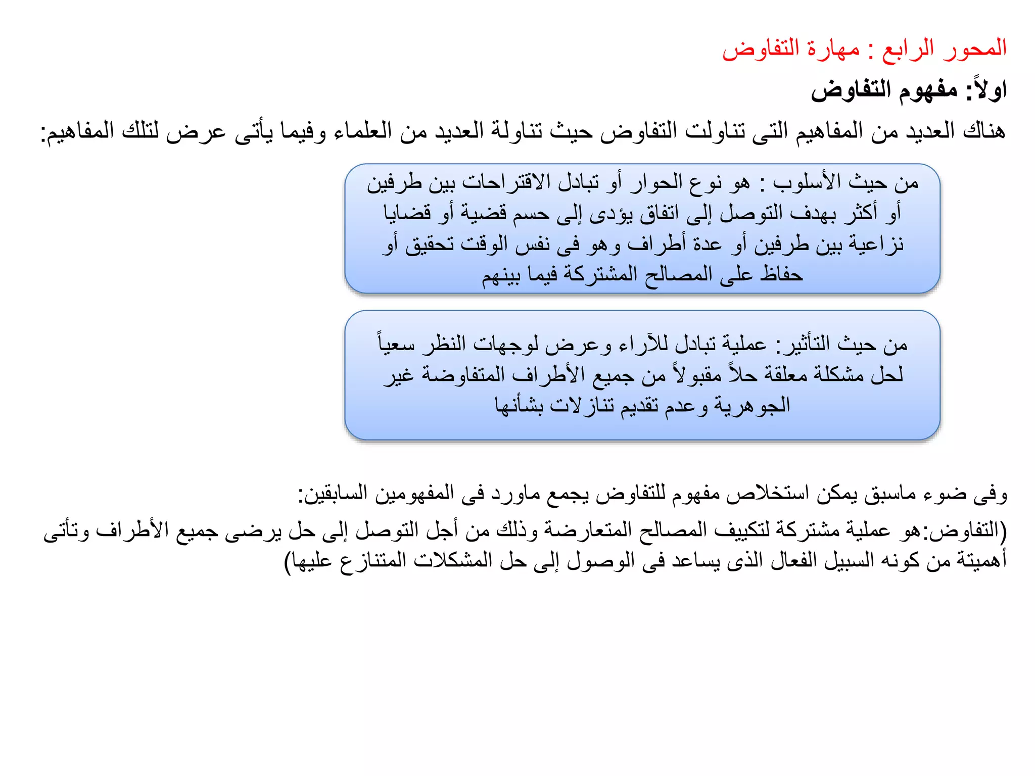 ‫الرابع‬ ‫المحور‬
:
‫التفاوض‬ ‫مهارة‬
‫ا‬‫ل‬‫او‬
:
‫التفاوض‬ ‫مفهوم‬
‫المف‬ ‫لتلك‬ ‫عرض‬ ‫يأتى‬ ‫وفيما‬ ‫العلماء‬ ‫من‬ ‫العديد‬ ‫تناولة‬ ‫حيث‬ ‫التفاوض‬ ‫تناولت‬ ‫التى‬ ‫المفاهيم‬ ‫من‬ ‫العديد‬ ‫هناك‬
‫اهيم‬
:
‫السابقين‬ ‫المفهومين‬ ‫فى‬ ‫ماورد‬ ‫يجمع‬ ‫للتفاوض‬ ‫مفهوم‬ ‫استخالص‬ ‫يمكن‬ ‫ماسبق‬ ‫ضوء‬ ‫وفى‬
:
(
‫التفاوض‬
:
‫وتأتى‬ ‫األطراف‬ ‫جميع‬ ‫يرضى‬ ‫حل‬ ‫إلى‬ ‫التوصل‬ ‫أجل‬ ‫من‬ ‫وذلك‬ ‫المتعارضة‬ ‫المصالح‬ ‫لتكييف‬ ‫مشتركة‬ ‫عملية‬ ‫هو‬
‫عليها‬ ‫المتنازع‬ ‫المشكالت‬ ‫حل‬ ‫إلى‬ ‫الوصول‬ ‫فى‬ ‫يساعد‬ ‫الذى‬ ‫الفعال‬ ‫السبيل‬ ‫كونه‬ ‫من‬ ‫أهميتة‬
)
‫األسلوب‬ ‫حيث‬ ‫من‬
:
‫طرفين‬ ‫بين‬ ‫االقتراحات‬ ‫تبادل‬ ‫أو‬ ‫الحوار‬ ‫نوع‬ ‫هو‬
‫قضايا‬ ‫أو‬ ‫قضية‬ ‫حسم‬ ‫إلى‬ ‫يؤدى‬ ‫اتفاق‬ ‫إلى‬ ‫التوصل‬ ‫بهدف‬ ‫أكثر‬ ‫أو‬
‫أو‬ ‫تحقيق‬ ‫الوقت‬ ‫نفس‬ ‫فى‬ ‫وهو‬ ‫أطراف‬ ‫عدة‬ ‫أو‬ ‫طرفين‬ ‫بين‬ ‫نزاعية‬
‫بينهم‬ ‫فيما‬ ‫المشتركة‬ ‫المصالح‬ ‫على‬ ‫حفاظ‬
‫التأثير‬ ‫حيث‬ ‫من‬
:
ً‫ا‬‫سعي‬ ‫النظر‬ ‫لوجهات‬ ‫وعرض‬ ‫لآلراء‬ ‫تبادل‬ ‫عملية‬
‫غير‬ ‫المتفاوضة‬ ‫األطراف‬ ‫جميع‬ ‫من‬ ً‫ال‬‫مقبو‬ ً‫ال‬‫ح‬ ‫معلقة‬ ‫مشكلة‬ ‫لحل‬
‫بشأنها‬ ‫تنازالت‬ ‫تقديم‬ ‫وعدم‬ ‫الجوهرية‬
 