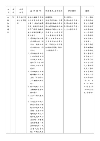 級
別
項
次
指標
內容
基 準 說 明 評核方式/操作說明 評分標準 備註
二
級
加
強
項
目
C5 昇降機(電
梯）設置情
形
機構內每幢 2 層樓
以上建築物應至少
設置 1 座無障礙昇
降機
，
且該昇降機應
符合「建築 物無障
礙設施設計規範」
設
置之規定：
1. 昇降機門的淨寬
度不得小於 90
公分，機廂之深
度不得小於 135
公分。
2. 昇降機設有點字
之呼叫鈕前方 30
公分處之地板，
應作 30 公分 x60
公分之不同材質
處理。
3. 昇降機前方之輪
椅迴轉空間，有
直徑 150 公分以
上之輪椅迴轉空
間。
4. 點字設施、標誌
及輪椅乘坐者之
操作盤。
5. 至少二側設置扶
手。
6. 未設置昇降機，
但屬專供具行動
能力者使用之建
築物，其無障礙
通路應可到達一
般住民使用之公
共空間（如餐廳
及集會廳等）
，且
無障礙通路（或
其 替 代 改 善 設
施）可到達之房
現場察看
未設置昇降機，但屬
專供具行動能力者使
用之建築物其無障礙
通路應可到達一般院
民 使 用 之 公 共 空 間
（ 如 餐 廳 及 集 會 廳
等）
，且無障礙通路
（ 或 其 替 代 改 善 設
施）可到達之房間數
超過總房間數 50%以
上者視為符合。
E.不符合。
D.符合其中 3 項。
C.符合其中 4 項。
B.符合其中 5 項。
A.完全符合或符
1. 「幢」係指
建築物地面
層以上結構
獨立不與其
他建築物相
連，地面層
以上其使用
機能可獨立
分開者。
2. 既有公共建
築物無障礙
設施替代改
善計畫作業
程序及認定
原則或已依
經核可之替
代計畫改善
完成。畫作
業程序及認
定原則」
，
業
經內政部於
107 年 4
月 20 日台
內 營 字 第
1070805521
號 令發布
。
 