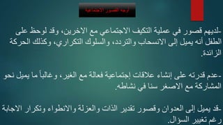 -
‫ع‬ ‫لوحظ‬ ‫وقد‬ ،‫االخرين‬ ‫مع‬ ‫االجتماعي‬ ‫التكيف‬ ‫عملية‬ ‫في‬ ‫قصور‬ ‫لديهم‬
‫لى‬
‫ال‬ ‫وكذلك‬ ،‫التكراري‬ ‫والسلوك‬ ،‫والتردد‬ ‫االنسحاب‬ ‫إلى‬ ‫يميل‬ ‫أنه‬ ‫الطفل‬
‫حركة‬
‫الزائدة‬
.
-
‫عالقات‬ ‫إنشاء‬ ‫على‬ ‫قدرته‬ ‫عدم‬
‫إجتماعية‬
‫ي‬ ‫ما‬ ً‫ا‬‫وغالب‬ ،‫الغير‬ ‫مع‬ ‫فعالة‬
‫نحو‬ ‫ميل‬
‫نشاطه‬ ‫في‬ ‫سنا‬ ‫االصغر‬ ‫مع‬ ‫المشاركة‬
.
-
‫ا‬ ‫وتكرار‬ ‫واالنطواء‬ ‫والعزلة‬ ‫الذات‬ ‫تقدير‬ ‫وقصور‬ ‫العدوان‬ ‫إلى‬ ‫يميل‬ ‫قد‬
‫الجابة‬
‫السؤال‬ ‫تغيير‬ ‫رغم‬
.
‫أوجهًالقصورًاالجتماعية‬
 