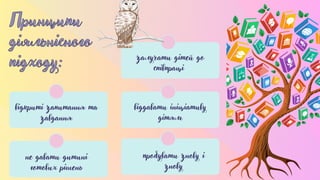 Принципи
Принципи
діяльнісного
діяльнісного
підходу:
підходу:
відкриті запитання та
завдання
не давати дитині
готових рішень
залучати дітей до
співпраці
віддавати ініціативу
дітям
пробувати знову і
знову
 