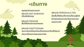 +เดินทาง
สรุปคุณค่าของเเบรนด์
BRAND KEY ESSENCES
พื้นที่สีเขียวย่านคลองหลวง
BRAND PROMISE
เที่ยวชิดติดกรุง
BRAND POSITTIONING
เหมาะกับคนที่ชอบท่องเที่ยวธรรมชาติแต่ไม่อยาก
เดินทางไกลจากกรุงเทพมากนัก
BRAND PERSONALILTIES
เป็นพื้นที่สีเขียวที่น่าท่องเที่ยวอยู่ใกล้
กับกรุงเทพมหานครเดินทางสะดวก
บรรยากาศดี
 