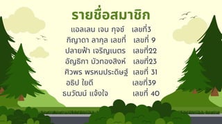 แอลเลน เจน กุจช์ เลขที่3
กิญาดา ลากุล เลขที่ เลขที่ 9
ปลายฟ้า เจริญเนตร เลขที่22
อัญธิกา บัวทองสิงห์ เลขที่23
ศิวพร พรหมประดิษฐ์ เลขที่ 31
อธิป ใยดี เลขที่39
ธนวัฒน์ แจ้งใจ เลขที่ 40
รายชื่อสมาชิก
 