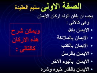 ‫االولى‬ ‫الصفة‬
‫العقيدة‬ ‫سليم‬
‫شرح‬ ‫ويمكن‬
‫االركان‬ ‫هذه‬
‫كالتالى‬
:
‫الولد‬ ‫يلقن‬ ‫ان‬ ‫يجب‬
‫االيمان‬ ‫اركان‬
‫كاالتى‬ ‫وهى‬
:
•
‫باهلل‬ ‫االيمان‬
•
‫بالمالئكة‬ ‫االيمان‬
•
‫بالكتب‬ ‫االيمان‬
•
‫بالرسل‬ ‫االيمان‬
•
‫االخر‬ ‫باليوم‬ ‫االيمان‬
•
‫وشره‬ ‫خيره‬ ‫بالقدر‬ ‫االيمان‬
 