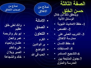 ‫الثالثة‬ ‫الصفة‬
‫الخلق‬ ‫حسن‬
‫خالل‬ ‫من‬ ‫ذلك‬ ‫ويتحقق‬
‫اآلتية‬ ‫الوسائل‬
• 1
-
‫النبوية‬ ‫االحاديث‬ ‫حفظ‬
• 2
-
‫القصص‬
• 3
-
‫على‬ ‫العملى‬ ‫التدريب‬
‫االخالق‬ ‫ممارسة‬
• 4
-
‫اللسان‬ ‫حفظ‬
• 5
-
‫المسابقات‬
• 6
-
‫المستمر‬ ‫التشجيع‬
• 7
-
‫بين‬ ‫المتابعة‬ ‫جدول‬
‫والمنزل‬ ‫المدرسة‬
•
‫االمانة‬
•
‫الصدق‬
•
‫التعاون‬
•
‫الكرم‬
•
‫الوالدين‬ ‫بر‬
•
‫التواضع‬
•
‫هللا‬ ‫فى‬ ‫الحب‬
•
‫خلق‬ ‫لعلى‬ ‫وانك‬
‫عظيم‬
•
‫والرحمة‬ ‫بكر‬ ‫ابو‬
•
‫والعدل‬ ‫عمر‬
•
‫والحياء‬ ‫عثمان‬
•
‫والعلم‬ ‫على‬
•
‫ل‬ ‫وبال‬ ‫الصبر‬
•
‫والشجاعة‬ ‫خالد‬
‫من‬ ‫نماذج‬
‫االخالق‬
‫من‬ ‫نماذج‬
‫األخالق‬ ‫اصحاب‬
 