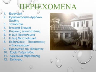 1. Εισαγωγή
2. Ορφανοτροφείο Αρρένων
Ξάνθης
3. Τοποθεσία
4. Ιστορικά Στοιχεία
5. Κτιριακές εγκαταστάσεις
6. Η ζωή Προπολεμικά
7. Η ζωή Μεταπολεμικά
8. Εκδηλώσεις – Παραστάσεις
– Εκκλησιασμοί
9. Προσωπικό του Ιδρύματος
10. Σοφία Γαβριηλίδου
11. Αφιέρωμα Μητρόπολης
12. Επίλογος
ΠΕΡΙΕΧΟΜΕΝΑ
 