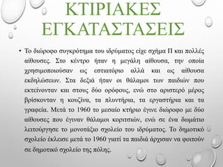 ΚΤΙΡΙΑΚΕΣ
ΕΓΚΑΤΑΣΤΑΣΕΙΣ
• Το διώροφο συγκρότημα του ιδρύματος είχε σχήμα Π και πολλές
αίθουσες. Στο κέντρο ήταν η μεγάλη αίθουσα, την οποία
χρησιμοποιούσαν ως εστιατόριο αλλά και ως αίθουσα
εκδηλώσεων. Στα δεξιά ήταν οι θάλαμοι των παιδιών που
εκτείνονταν και στους δύο ορόφους, ενώ στο αριστερό μέρος
βρίσκονταν η κουζίνα, τα πλυντήρια, τα εργαστήρια και τα
γραφεία. Μετά το 1960 το μεσαίο κτήριο έγινε διώροφο με δύο
αίθουσες που έγιναν θάλαμοι κοριτσιών, ενώ σε ένα δωμάτιο
λειτούργησε το μονοτάξιο σχολείο του ιδρύματος. Το δημοτικό
σχολείο έκλεισε μετά το 1960 γιατί τα παιδιά άρχισαν να φοιτούν
σε δημοτικό σχολείο της πόλης.
 