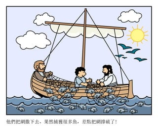 他們把網撒下去，果然捕獲很多魚，差點把網撐破了!
 