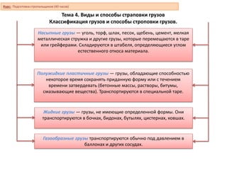 Тема 4. Виды и способы страповки грузов
Классификация грузов и способы строповки грузов.
Насыпные грузы — уголь, торф, шлак, песок, щебень, цемент, мелкая
металлическая стружка и другие грузы, которые перемещаются в таре
или грейферами. Складируются в штабеля, определяющиеся углом
естественного откоса материала.
Полужидкие пластичные грузы — грузы, обладающие способностью
некоторое время сохранять приданную форму или с течением
времени затвердевать (бетонные массы, растворы, битумы,
смазывающие вещества). Транспортируются в специальной таре.
Жидкие грузы — грузы, не имеющие определенной формы. Они
транспортируются в бочках, бидонах, бутылях, цистернах, ковшах.
Газообразные грузы транспортируются обычно под давлением в
баллонах и других сосудах.
Курс: Подготовка стропальщиков (40 часов)
 