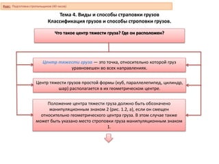 Тема 4. Виды и способы страповки грузов
Классификация грузов и способы строповки грузов.
Что такое центр тяжести груза? Где он расположен?
Центр тяжести груза — это точка, относительно которой груз
уравновешен во всех направлениях.
Центр тяжести грузов простой формы (куб, параллелепипед, цилиндр,
шар) располагается в их геометрическом центре.
Положение центра тяжести груза должно быть обозначено
манипуляционным знаком 2 (рис. 1.2, а), если он смещен
относительно геометрического центра груза. В этом случае также
может быть указано место строповки груза манипуляционным знаком
1.
Курс: Подготовка стропальщиков (40 часов)
 