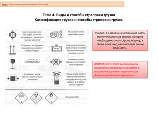 Тема 4. Виды и способы страповки грузов
Классификация грузов и способы строповки грузов.
На рис. 1.5 показана небольшая часть
манипуляционных знаков, которые
необходимо знать стропальщику, а
также показано, как выглядят знаки
опасности.
ВНИМАНИЕ! Перед выполнением
погрузочно-разгрузочных работ с
опасными грузами стропальщик
должен пройти инструктаж.
Курс: Подготовка стропальщиков (40 часов)
 