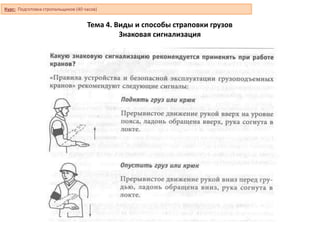 Тема 4. Виды и способы страповки грузов
Знаковая сигнализация
Курс: Подготовка стропальщиков (40 часов)
 