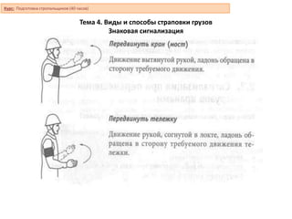 Тема 4. Виды и способы страповки грузов
Знаковая сигнализация
Курс: Подготовка стропальщиков (40 часов)
 