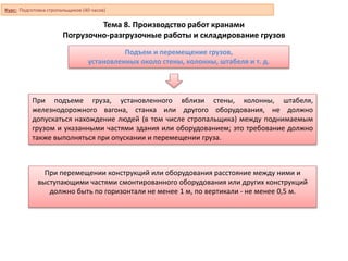 Тема 8. Производство работ кранами
Погрузочно-разгрузочные работы и складирование грузов
При подъеме груза, установленного вблизи стены, колонны, штабеля,
железнодорожного вагона, станка или другого оборудования, не должно
допускаться нахождение людей (в том числе стропальщика) между поднимаемым
грузом и указанными частями здания или оборудованием; это требование должно
также выполняться при опускании и перемещении груза.
При перемещении конструкций или оборудования расстояние между ними и
выступающими частями смонтированного оборудования или других конструкций
должно быть по горизонтали не менее 1 м, по вертикали - не менее 0,5 м.
Подъем и перемещение грузов,
установленных около стены, колонны, штабеля и т. д.
Курс: Подготовка стропальщиков (40 часов)
 