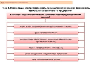 Тема 2. Охрана труда, электробезопасность, промышленная и пожарная безопасность,
промышленная санитария на предприятии
Какие грузы не должны допускаться к строповке и подъему грузоподъемными
кранами?
мертвые грузы (закрепленные, заваленные, защемленные,
примерзшие к земле);
грузы, масса которых превышает грузоподъемность крана;
грузы неизвестной массы;
грузы с находящимися на них людьми;
грузы, находящиеся в неустойчивом положении;
тара, заполненная выше бортов;
Курс: Подготовка стропальщиков (40 часов)
 