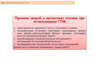Курс: Подготовка стропальщиков (40 часов)
Причины аварий и несчастных случаев при
использовании ГПМ
 неисправность кранового пути и тупиковых упоров;
 неправильная установка стреловых самоходных кранов
или кранов-манипуляторов вблизи траншеи, котлована
или на свеженасыпанном грунте;
 несоблюдение технологических инструкций и
инструкций по технике безопасности;
 несовершенство технологий, отсутствие ограждений;
баловство и халатное отношение к своей работе
 
