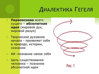 ДИАЛЕКТИКА ГЕГЕЛЯ
 Первооснова всего
сущего – абсолютная
идея (мировой дух,
мировой разум)
 Творческое духовное
начало - проявляет себя
в природе, истории,
сознании
 АИ -познание самое себя
 Цель существования
человека – познание
абсолютной идеи
 
