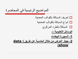 ‫المحاضرة‬ ‫في‬ ‫الرئيسية‬ ‫المواضيع‬

‫المعدنية‬ ‫بالقوالب‬ ‫السباكة‬ ‫تعريف‬

‫المعدنية‬ ‫بالقوالب‬ ‫السباكة‬ ‫انواع‬

‫المركزي‬ ‫بالطرد‬ ‫السباكة‬
‫التعليمية‬ ‫الوسائل‬
:
-
1
-
‫البيضاء‬ ‫السبورة‬
2
-
‫طريق‬ ‫عن‬ ‫الحاسبة‬ ‫خالل‬ ‫من‬ ‫العرض‬ ‫جهاز‬
(
data
show
)
 