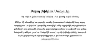 Թռչող շնիկն ու Մանչուկը
Մի տղա է լինում անունը Մանչուկ ։ Նա շատ էր ուզում ունենալ
Ընկեր։ Մի անգամ,երբ նա դպրոցից տուն էր վերադառնում տեսնում է ինչոր թռչող
փոքրիկ բան։ Նա փորձում է գուշակել, թե դա ինչ է և հեց այդ պահին թռչող կենդանին
կանգնում է նրա դիմաց։ Ու Մանչուկը զարմանքից քարանում Է, որովհետև նրա դիմաց
կանգնած էր թևերով շուն։ Նա Մանչուկին ասում է, որ մի վախեցիր ինձնից, ես ուզում
եմ քեզ ընկերանալ։ Ու այդ օրվանից թռչող ու շունն ու Մանչուկը դառնում են
լավագույն ընկերներ։
 