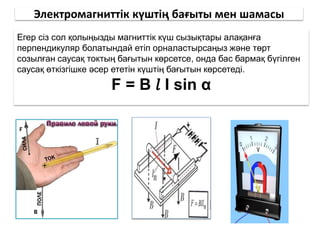 Электромагниттік күштің бағыты мен шамасы
Егер сіз сол қолыңызды магниттік күш сызықтары алақанға
перпендикуляр болатындай етіп орналастырсаңыз және төрт
созылған саусақ токтың бағытын көрсетсе, онда бас бармақ бүгілген
саусақ өткізгішке әсер ететін күштің бағытын көрсетеді.
F = B 𝑙 I sin α
 
