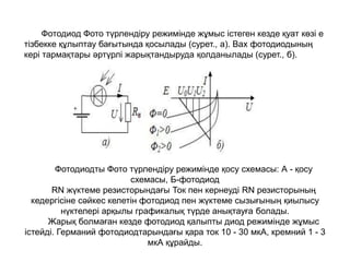 Фотодиод Фото түрлендіру режимінде жұмыс істеген кезде қуат көзі e
тізбекке құлыптау бағытында қосылады (сурет., а). Вах фотодиодының
кері тармақтары әртүрлі жарықтандыруда қолданылады (сурет., б).
Фотодиодты Фото түрлендіру режимінде қосу схемасы: А - қосу
схемасы, Б-фотодиод
RN жүктеме резисторындағы Ток пен кернеуді RN резисторының
кедергісіне сәйкес келетін фотодиод пен жүктеме сызығының қиылысу
нүктелері арқылы графикалық түрде анықтауға болады.
Жарық болмаған кезде фотодиод қалыпты диод режимінде жұмыс
істейді. Германий фотодиодтарындағы қара ток 10 - 30 мкА, кремний 1 - 3
мкА құрайды.
 
