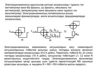 Электродинамикалық құрылғылар ретінде қолданылады: тұрақты ток
ваттметрлері және бір фазалы, үш фазалы, айнымалы ток
ваттметрлері, амперметрлер және айнымалы және тұрақты ток
вольтметрлері. Электродинамикалық логометриялық өлшеу
механизмдері фазометрлерде, жиілік өлшегіштерде, фарадомерлерде
қолданылады.
Электродинамикалық механизмнің катушкаларын қосу схемаларыА)
катушкаларының тізбектей қосылуы шағын токтарды өлшеуге арналған
амперметрлерде қолданылады (0,5 А дейін). Параллель тізбекте б), ол үлкен
токтарда қолданылады (10 А дейін), катушкалар тізбегіндегі L1, L2 және R
резисторының индуктивтілігін таңдау .Электродинамикалық вольтметрді
катушкалармен қатар орындау үшін суретте көрсетілгендей RD қосымша
резисторы қосылады. в. мұндағы R = RD + RV-тізбектің жалпы кедергісі..
 