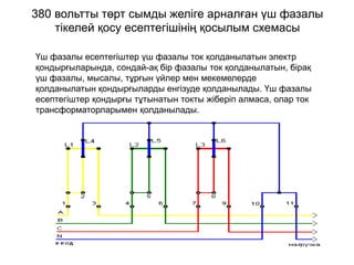 Үш фазалы есептегіштер үш фазалы ток қолданылатын электр
қондырғыларында, сондай-ақ бір фазалы ток қолданылатын, бірақ
үш фазалы, мысалы, тұрғын үйлер мен мекемелерде
қолданылатын қондырғыларды енгізуде қолданылады. Үш фазалы
есептегіштер қондырғы тұтынатын токты жіберіп алмаса, олар ток
трансформаторларымен қолданылады.
380 вольтты төрт сымды желіге арналған үш фазалы
тікелей қосу есептегішінің қосылым схемасы
 
