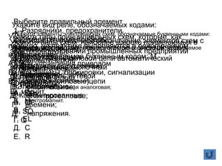 Укажите вид реле, обозначаемых кодами:
•KT;
•KV;
•KK;
•KH.
Ответы:
А. токовое;
Б. указательное;
В. электротепловое;
Г. времени;
Д. напряжения.
Укажите устройство, применяемое в электрических
схемах, указываемое буквенным кодом: М
Ответы:
А. двигатель;
Б. модулятор;
В. магнит.
Укажите элементы электрических схем, обозначаемые буквенными кодами:
•P;
•M;
•DA;
•K.
Ответы:
А. измерительный прибор;
Б. двигатель асинхронный;
В. схема интегральная аналоговая;
Г. реле;
Д. электромагнит.
Укажите устройство, применяемое в электрических схемах, указываемое
буквенным кодом: KV
Ответы:
А. реле напряжения;
Б. реле времени;
В. контактор.
Укажите виды схем наиболее широко применяемых в
электрооборудовании промышленных предприятий
А. Кинематические
Б. Пневматические
В .Гидравлические
Г. Электрические
Д. Комбинированные
Укажите типы принципиальных схем, которые, как
правило, на практике выполняются в однолинейном
изображении
А.Цепи управления приводом
Б.цепи защиты, блокировки, сигнализации
В.Первичные(силовые)цепи
Выберите правильный элемент
1. Разрядники, предохранители
2.Измерительные приборы
3.Конденсатор
4.Лаппа освещения
5.Двигатель асинхронный
6.Резистор
Ответы:
А. Р
Б. М
В. F
Г. ЕL
Д. С
Е. R
Сопоставьте буквенное обозначение элементов схем с
их наименованием
1.Выключатель силовой цепи автоматический
2. Выключатель кнопочный
3.Выключатель путевой
4.Рубильник
А. SB
Б. QF
B. SQ
Г. Q
 