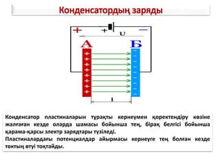 Конденсатор пластиналарын тұрақты кернеумен қоректендіру көзіне
жалғаған кезде оларда шамасы бойынша тең, бірақ белгісі бойынша
қарама-қарсы электр зарядтары түзіледі.
Пластиналардағы потенциалдар айырмасы кернеуге тең болған кезде
токтың өтуі тоқтайды.
 