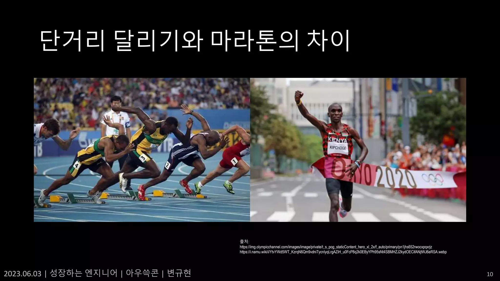 2023.06.03 | 성장하는 엔지니어 | 아우쓱콘 | 변규현 10
단거리 달리기와 마라톤의 차이
출처:
https://img.olympicchannel.com/images/image/private/t_s_pog_staticContent_hero_xl_2x/f_auto/primary/pn1jhs652rwocxpqxrjz
https://i.namu.wiki/i/YtvYWd5WT_KzrqN6Qm9vdniTycnIyqLrgAZiH_u0FcP8q2k0EByYPh95sNt4SBMHZJ2kydOECifANjtWJ6eRSA.webp
 