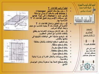 •
‫قطاعات‬ ‫تركيب‬ ‫كيفية‬
T
•
1
–
‫التعليق‬ ‫سلك‬ ‫ربط‬ ‫يتم‬
( hanger
wires )
8
‫بواسطة‬ ‫الرئيسي‬ ‫بالسقف‬ ‫مم‬
‫حديد‬ ‫خوابير‬
( fisher )
‫هيئة‬ ‫على‬
grid
‫مسافات‬ ‫على‬
21
‫الـ‬ ‫قطاعات‬ ‫تعليق‬ ‫ويتم‬ ‫سم‬
T
‫بها‬ ‫األساسية‬
.
•
2
-
–
‫الـ‬ ‫قطاعات‬ ‫وإدخال‬ ‫التعليق‬ ‫يتم‬
T
‫بالـ‬ ‫فتحات‬ ‫فى‬ ‫الثانوية‬
T
‫حجم‬ ‫مع‬ ‫تتناسب‬ ‫بحيث‬
‫المركب‬ ‫البالط‬ ‫وأبعاد‬
.
•
3
-
‫يقطع‬ ‫يتم‬ ‫االضاءة‬ ‫ووحدات‬ ‫األركان‬ ‫عند‬
‫المطلوب‬ ‫المكان‬ ‫مع‬ ‫تتناسب‬ ‫بالطات‬
.
•
4
-
‫ف‬ ‫لتثبيتها‬ ‫البالطات‬ ‫أعلى‬ ‫مشابك‬ ‫توضع‬
‫ى‬
‫بالكامل‬ ‫مكانها‬
.
•
‫مختلف‬ ‫بأشكال‬ ‫البالطات‬ ‫أسطح‬ ‫تشطيب‬ ‫يتم‬
‫ة‬
•
‫مشققة‬ ‫بأسطح‬ ‫بالط‬
.
•
‫مخرمة‬ ‫ألسطح‬ ‫بالط‬
.
•
‫مخططة‬ ‫بأسطح‬ ‫بالط‬
.
•
‫محببة‬ ‫بأسطح‬ ‫بالط‬
.
•
‫نباتي‬ ‫بارزة‬ ‫أو‬ ‫غائرة‬ ‫وأشكال‬ ‫برسومات‬ ‫بالط‬
‫ة‬
‫وهندسية‬
.
•
‫البوليس‬ ‫بدهان‬ ‫مدهونة‬ ً‫ا‬‫جد‬ ‫المعة‬ ‫بأسطح‬ ‫بالط‬
‫تر‬
‫الالمع‬
.
‫د‬
/
‫محمد‬
‫الهمشري‬
‫د‬
/
‫حسين‬ ‫هشام‬
1
‫من‬ ‫مقدم‬
:
-
‫علي‬ ‫زكي‬ ‫أحمد‬
‫ربيع‬ ‫محمد‬ ‫هند‬
‫بكر‬ ‫احمد‬ ‫مصطفى‬
‫ا‬
‫عبدالجابر‬ ‫جمال‬ ‫حمد‬
 