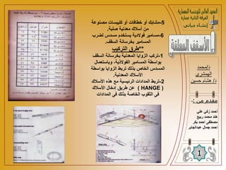 5
-
‫مصنوع‬ ‫كليبسات‬ ‫أو‬ ‫خطافات‬ ‫أو‬ ‫مشابك‬
‫ة‬
‫صلبة‬ ‫معدنية‬ ‫أسالك‬ ‫من‬
.
6
-
‫لضر‬ ‫مسدس‬ ‫يستخدم‬ ‫فوالدية‬ ‫مسامير‬
‫ب‬
‫السقف‬ ‫بخرسانة‬ ‫المسامير‬
.
**
‫التركيب‬ ‫طرق‬
1
-
‫السق‬ ‫بخرسانة‬ ‫المعدنية‬ ‫الزوايا‬ ‫تركب‬
‫ف‬
‫وباستعمال‬ ،‫الفوالذية‬ ‫المسامير‬ ‫بواسطة‬
‫بواس‬ ‫الزوايا‬ ‫تربط‬ ‫بذلك‬ ‫الخاص‬ ‫المسدس‬
‫طة‬
‫المعدنية‬ ‫األسالك‬
.
2
-
‫األسال‬ ‫هذه‬ ‫مع‬ ‫الرئيسية‬ ‫المدادات‬ ‫تربط‬
‫ك‬
(
HANGE
)
‫األسالك‬ ‫إدخال‬ ‫طريق‬ ‫عن‬
‫المدادات‬ ‫فى‬ ‫بذلك‬ ‫الخاصة‬ ‫الثقوب‬ ‫فى‬
‫د‬
/
‫محمد‬
‫الهمشري‬
‫د‬
/
‫حسين‬ ‫هشام‬
1
‫من‬ ‫مقدم‬
:
-
‫علي‬ ‫زكي‬ ‫أحمد‬
‫ربيع‬ ‫محمد‬ ‫هند‬
‫بكر‬ ‫احمد‬ ‫مصطفى‬
‫ا‬
‫عبدالجابر‬ ‫جمال‬ ‫حمد‬
 